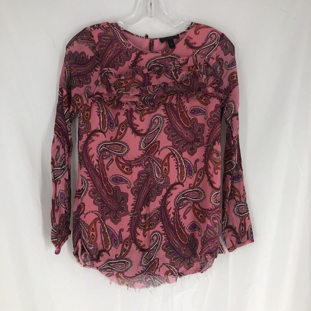 J. Crew Women's Pink Paisley Silk Long Sleeve Blouse Size 00